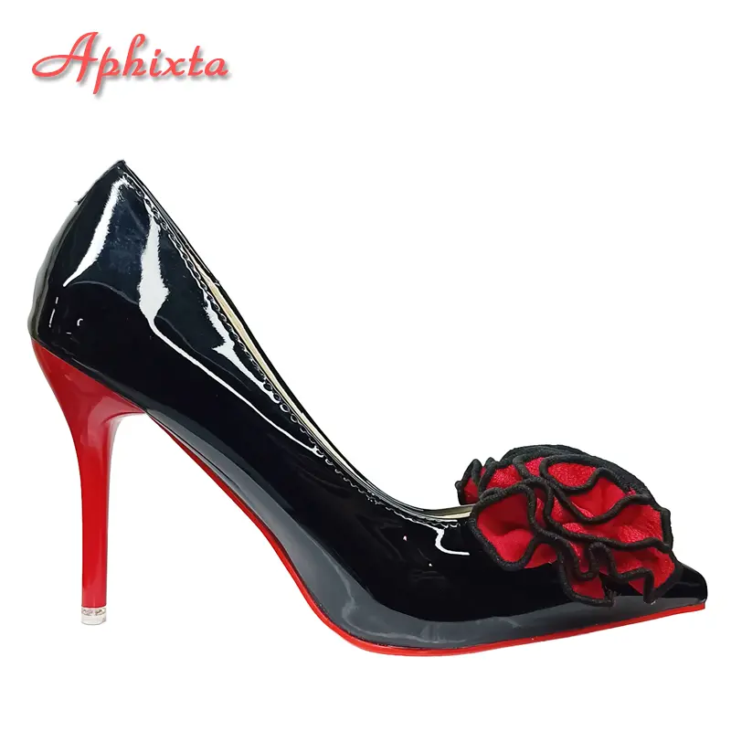 Aphixta Fashion Twins Roses Sticky Flowers 10cm Stiletto Heels Pumps Women Shoes Black Red Super High Pointed Toe Plus Big 49 50