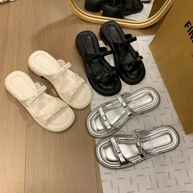 Aphixta Fashion Straps Summer Beach Shoes 4.5cm Square Heels Slippers Women Sweet Bow Mulers Outside Summer Sandals Shoe Slides