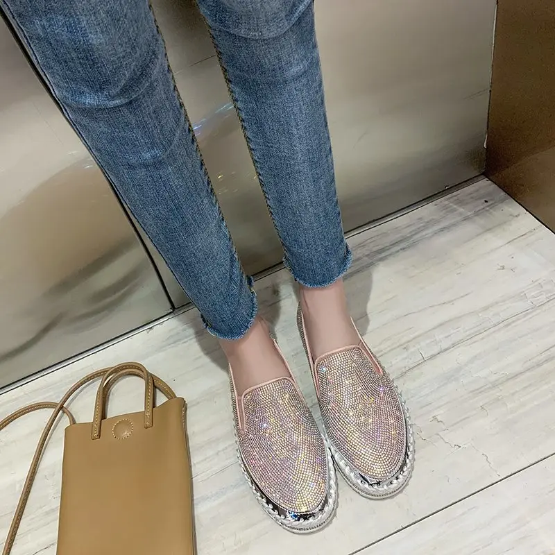 Aphixta Luxury Crystals Flats Women Slip On Red Pink Khaki Women Sexy Platform Casual Women Shoes Flats Female Rhinestone Loafer