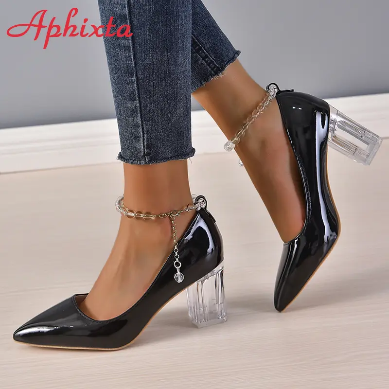 Aphixta 2025 New Luxury Transparent Bead Chain 7cm Transparent Chunky Heels Pumps Women Shoes String Bead Pointed Toe Pumps