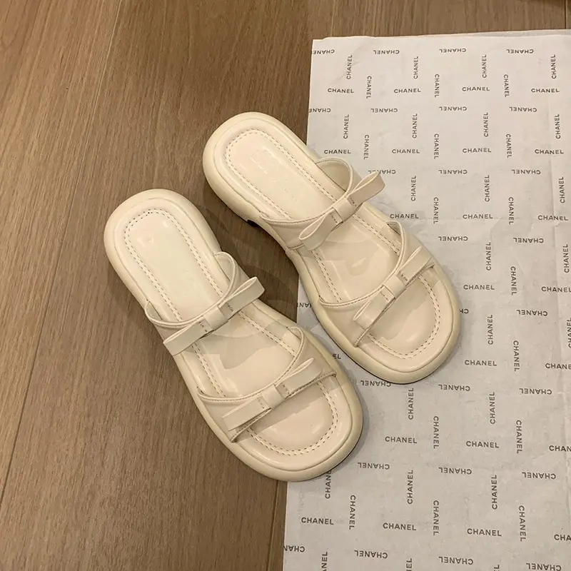 Aphixta Fashion Straps Summer Beach Shoes 4.5cm Square Heels Slippers Women Sweet Bow Mulers Outside Summer Sandals Shoe Slides