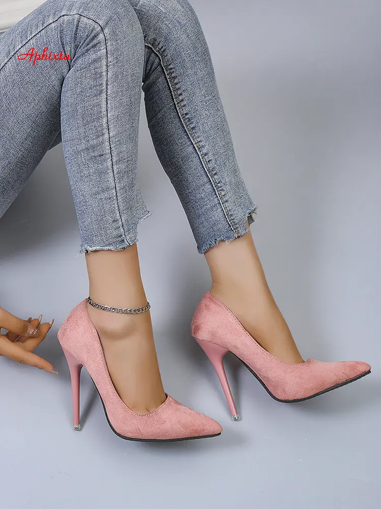 Aphixta 4.72 Inch Super High Stiletto Heels Pumps Women Solid Office Flock Pointed Toe Party Shoes Woman Plus Large Size 44 45
