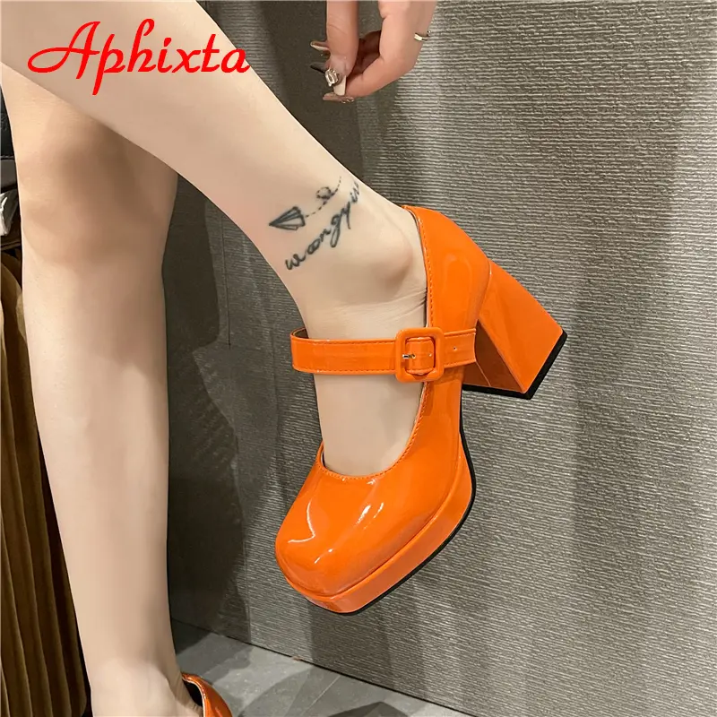 Aphixta 2025 New Platform Square Toe Pumps Women Shoes 7cm Chunky Heels Orange Anti-drop Pimp Buckle Pumps Plus Big Size 35-45