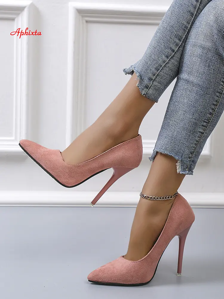 Aphixta 4.72 Inch Super High Stiletto Heels Pumps Women Solid Office Flock Pointed Toe Party Shoes Woman Plus Large Size 44 45