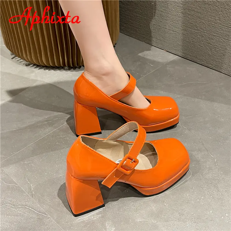 Aphixta 2025 New Platform Square Toe Pumps Women Shoes 7cm Chunky Heels Orange Anti-drop Pimp Buckle Pumps Plus Big Size 35-45