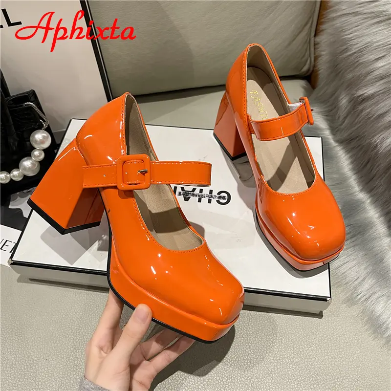 Aphixta 2025 New Platform Square Toe Pumps Women Shoes 7cm Chunky Heels Orange Anti-drop Pimp Buckle Pumps Plus Big Size 35-45