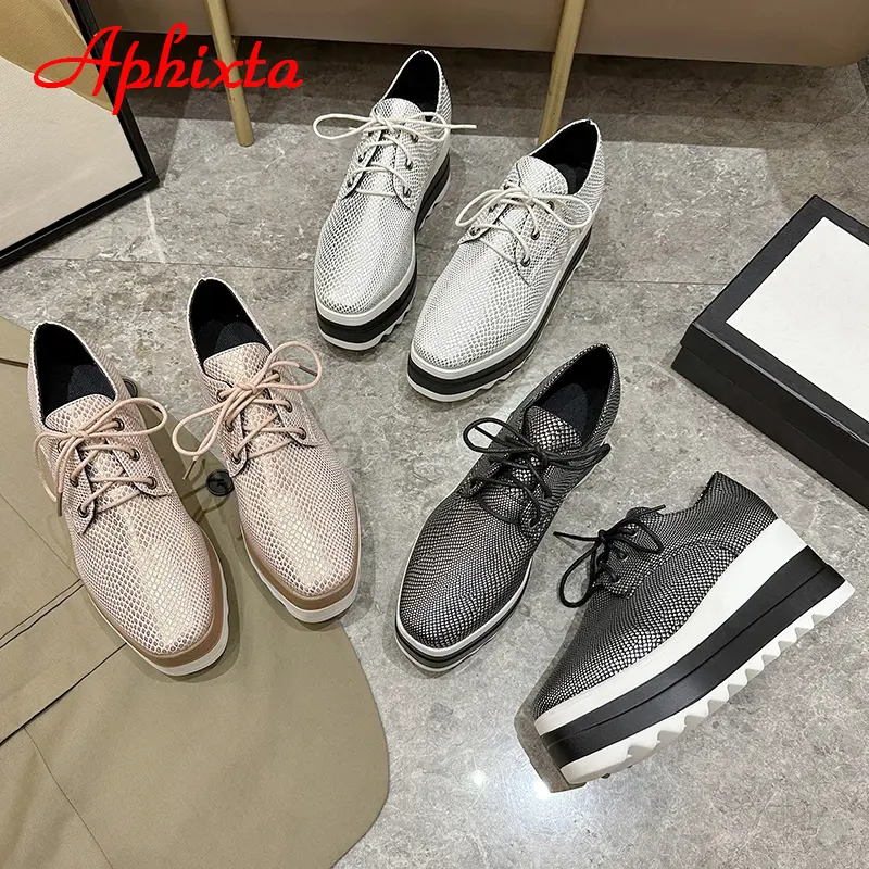 Aphixta Flat Platform Shoes Woman Lace-up 7cm Shoes Gingham Height Increaming Women's Shoes Ladies Plus Big Size 42