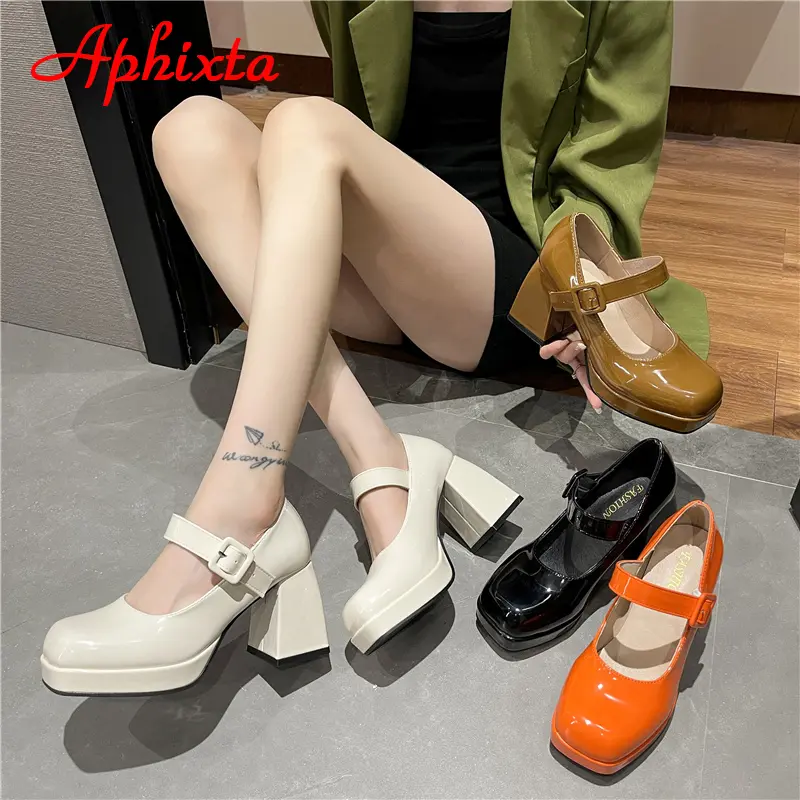 Aphixta 2025 New Platform Square Toe Pumps Women Shoes 7cm Chunky Heels Orange Anti-drop Pimp Buckle Pumps Plus Big Size 35-45
