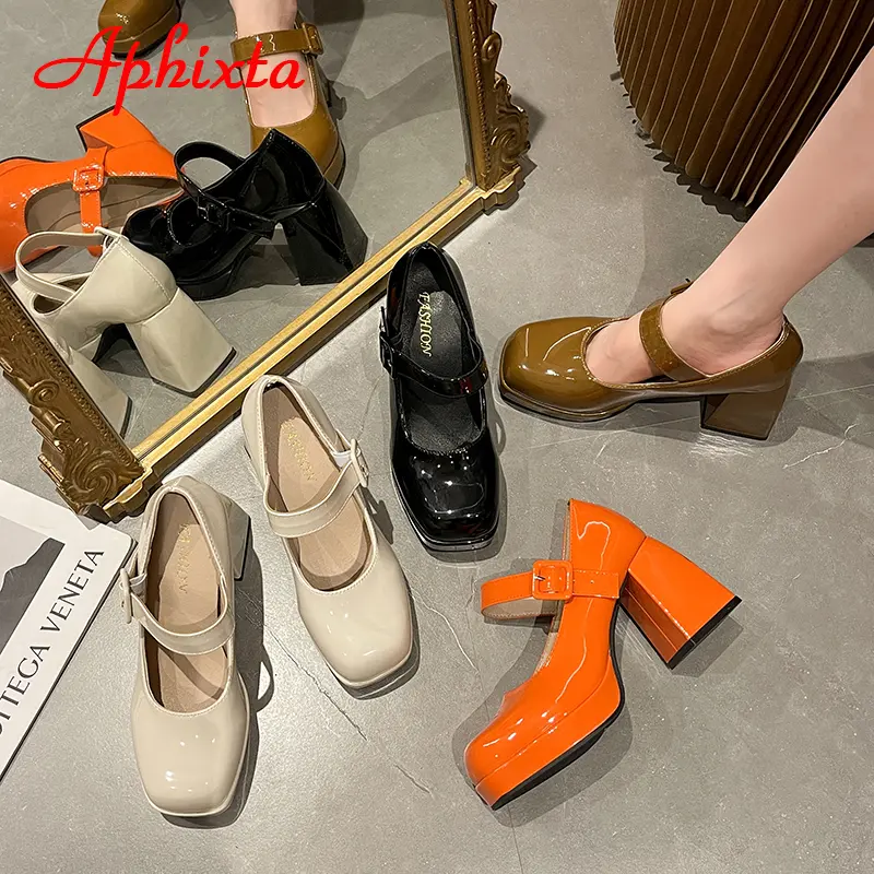 Aphixta 2025 New Platform Square Toe Pumps Women Shoes 7cm Chunky Heels Orange Anti-drop Pimp Buckle Pumps Plus Big Size 35-45