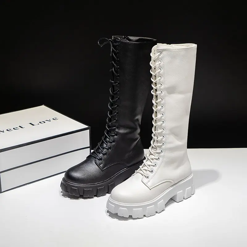 Aphixta 2025 Winter Shoes Women's Long High Boots White PU Leather Knee High Boots Female Fashion Lace Up Platform Botas Mujer