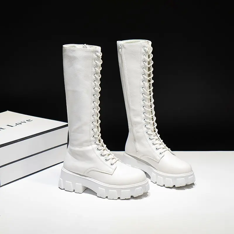 Aphixta 2025 Winter Shoes Women's Long High Boots White PU Leather Knee High Boots Female Fashion Lace Up Platform Botas Mujer