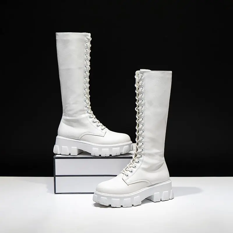 Aphixta 2025 Winter Shoes Women's Long High Boots White PU Leather Knee High Boots Female Fashion Lace Up Platform Botas Mujer