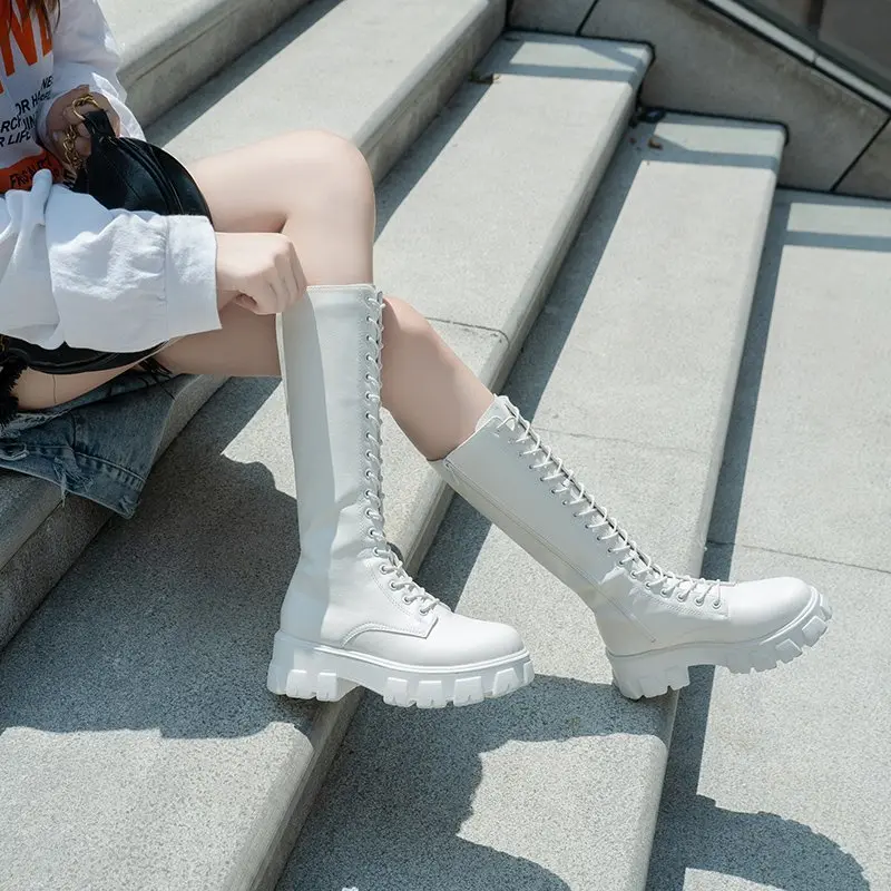 Aphixta 2025 Winter Shoes Women's Long High Boots White PU Leather Knee High Boots Female Fashion Lace Up Platform Botas Mujer