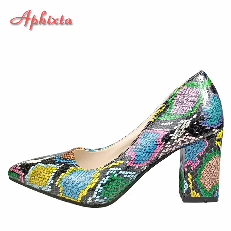 Aphixta 2025 Snake Prints 7cm Square Heels Pumps Women Shoes Crystal Pearl Sunflower Buckle Party Leisure Big Szie 35-46