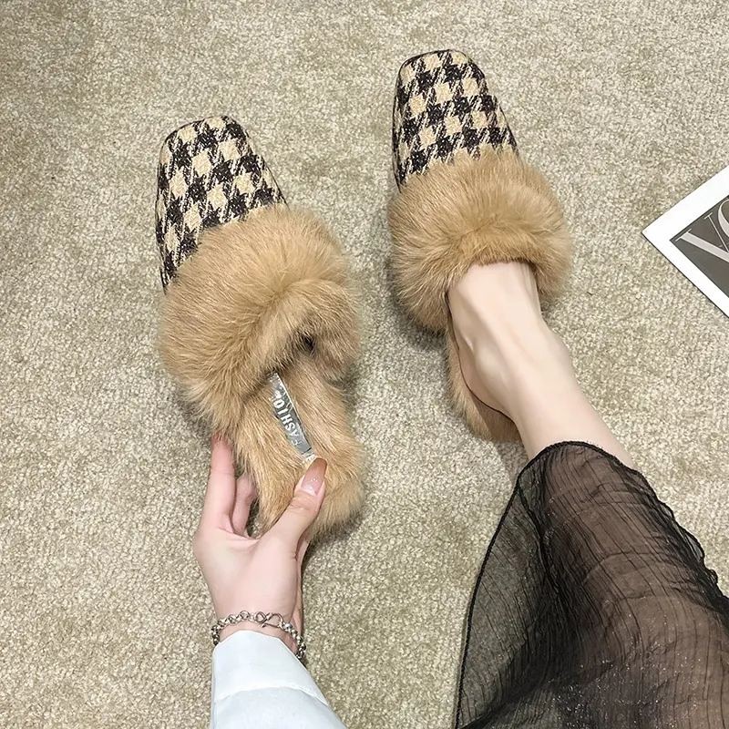 Aphixta Winter Gingham Upper Long Real Rabbit Fur Plush Women Slippers Nature Warm Furry Shoes Square Toe Flat Heel Hair Slides