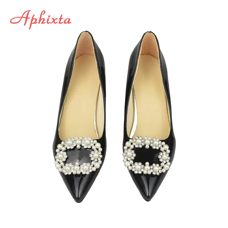 Aphixta 7cm 5cm Square Heels Patent Leather Pearl Buckle Shoes Woman Classics Pointed Toe Dress Official Pumps Party Big Size 48