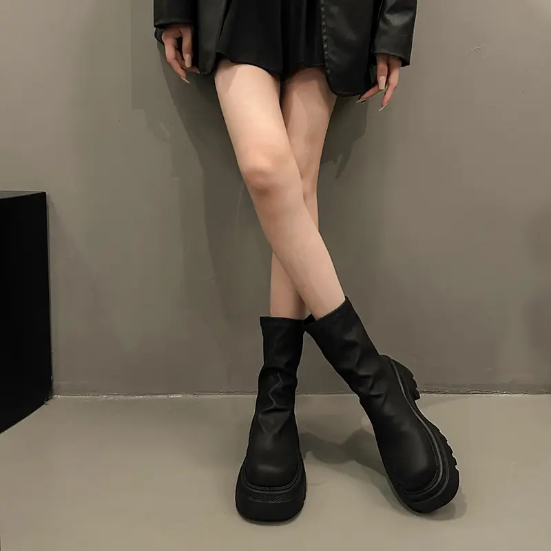 Aphixta Pleated Soft Leather Women Ankle Boots Back Zipper Close Platform Modern Boot Shoes Woman Boats botines para mujeres