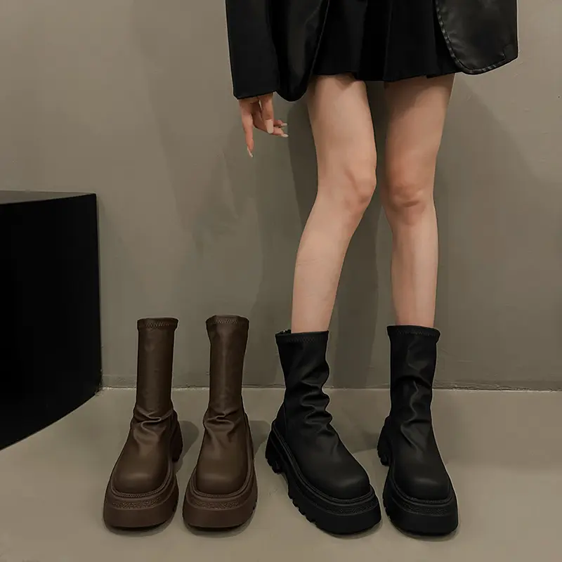 Aphixta Pleated Soft Leather Women Ankle Boots Back Zipper Close Platform Modern Boot Shoes Woman Boats botines para mujeres