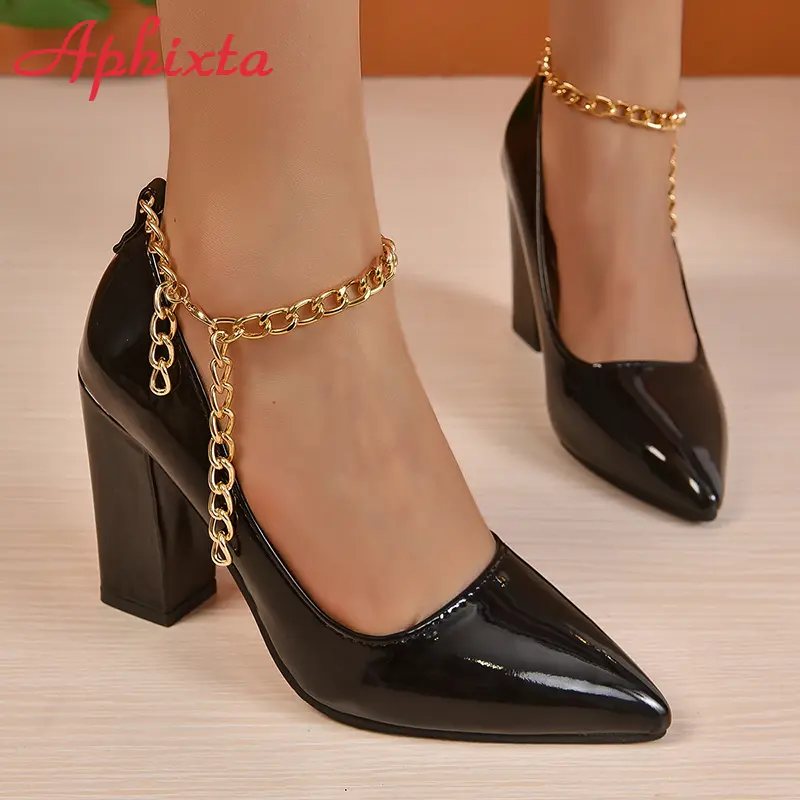 Aphixta Hot Sale Sexy Super High Heel 10cm Square Heels Pumps Women Gold Metal Chain Ankle Strap Shoes Pointed Toe Big Size50 53