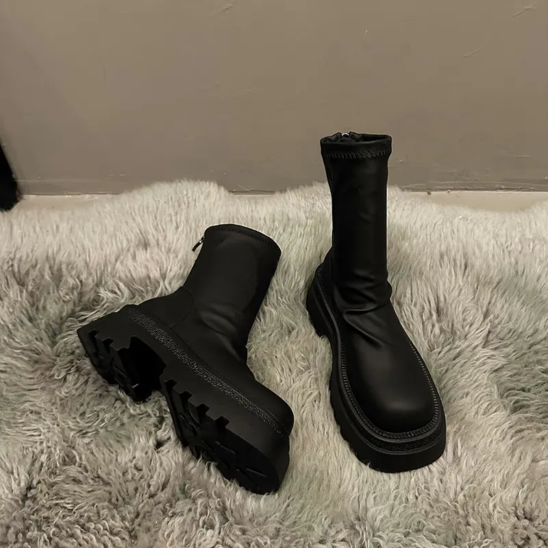Aphixta Pleated Soft Leather Women Ankle Boots Back Zipper Close Platform Modern Boot Shoes Woman Boats botines para mujeres