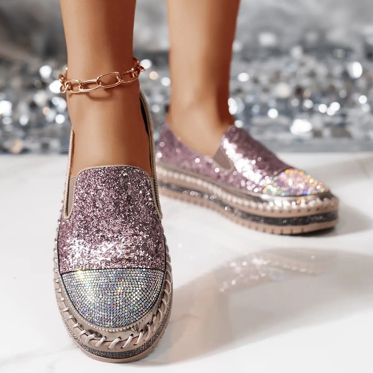 Aphixta Luxury Silver Crystals Flats Women Slip On Red Sexy Platform Casual Women Shoes Sewing Flats Female Rhinestone Loafer