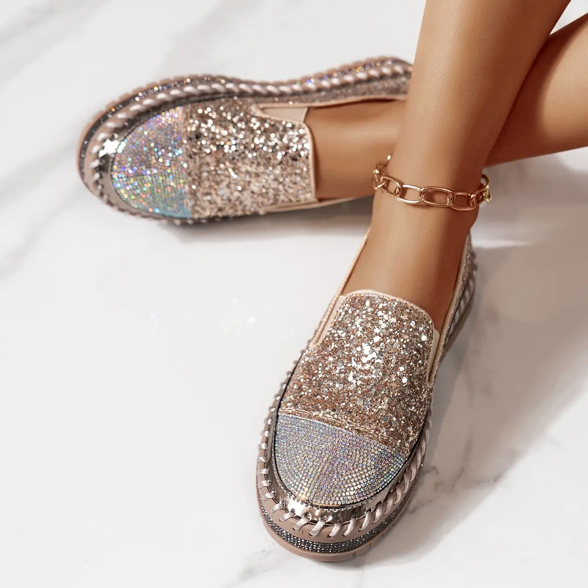 Aphixta Luxury Silver Crystals Flats Women Slip On Red Sexy Platform Casual Women Shoes Sewing Flats Female Rhinestone Loafer