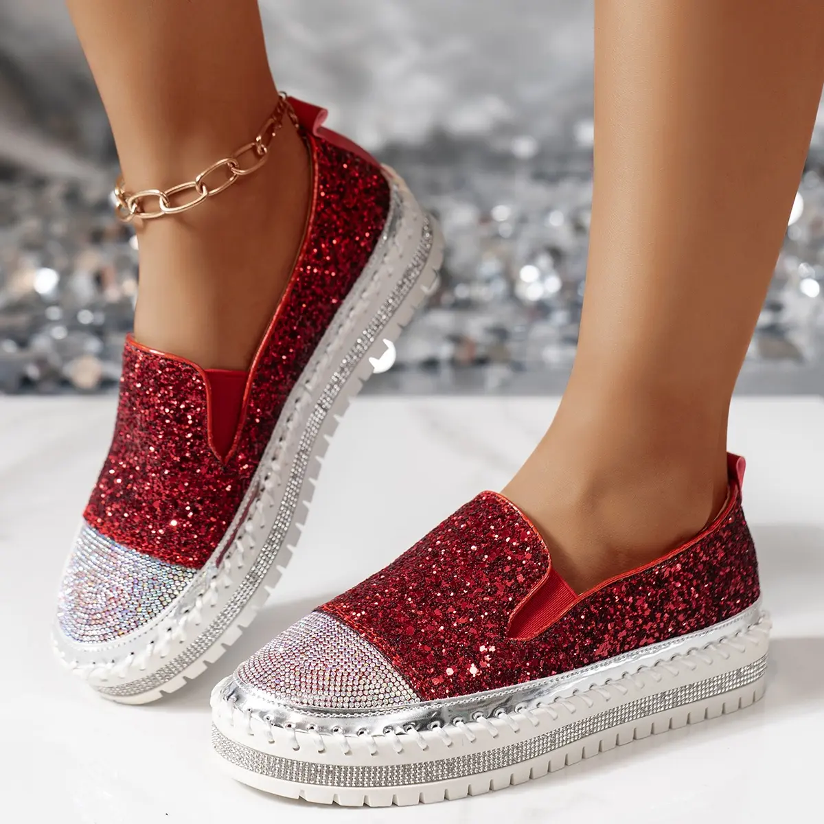 Aphixta Luxury Silver Crystals Flats Women Slip On Red Sexy Platform Casual Women Shoes Sewing Flats Female Rhinestone Loafer