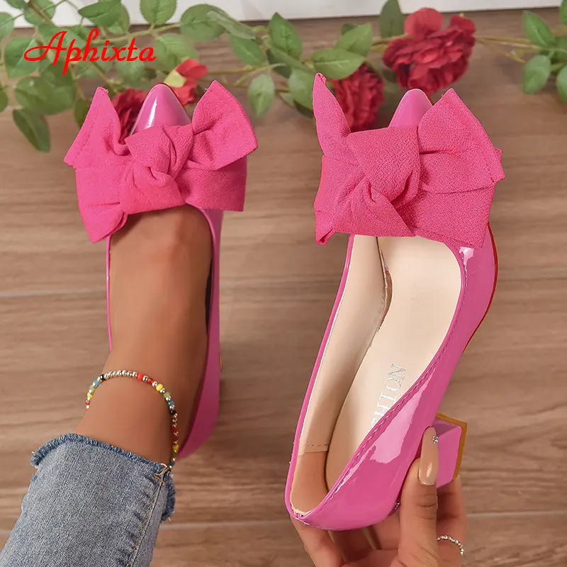 Aphixta New Big Butterfly-knot 7cm Chunky Heels Pumps Women Shoes Pointed Toe Baby Pink Flowers Pumps Super Plus Size 50