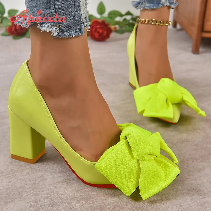 Aphixta New Big Butterfly-knot 7cm Chunky Heels Pumps Women Shoes Pointed Toe Baby Pink Flowers Pumps Super Plus Size 50