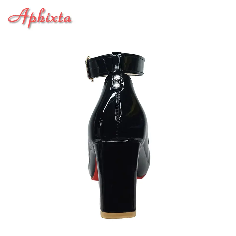 Aphixta Super Big Size 51 52 53 Patent Leather 7cm Chunky Heels Official Pumps 2cm Belt Buckle Pointed Toe Women Black Shoes