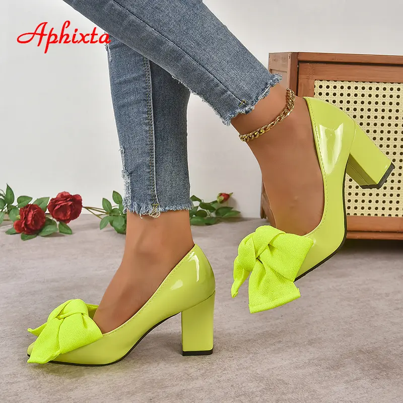 Aphixta New Big Butterfly-knot 7cm Chunky Heels Pumps Women Shoes Pointed Toe Baby Pink Flowers Pumps Super Plus Size 50