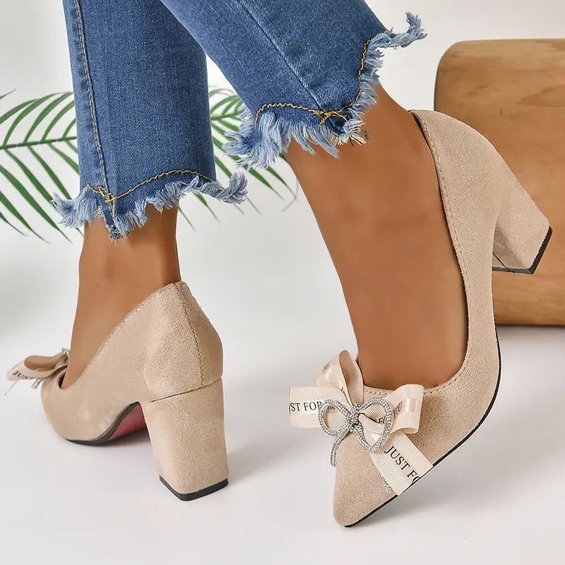 Aphixta Beige Crystal Bow With Letters 7cm Heels Pumps Women Students And Adults Pointed Toe Flock Suede Shoes Plus Size 30-50