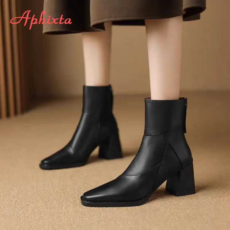 Aphixta Luxury Leather Women Ankle Boots Back Zipper Close Modern Boots High Heels Shoes Woman Boats botines para mujeres