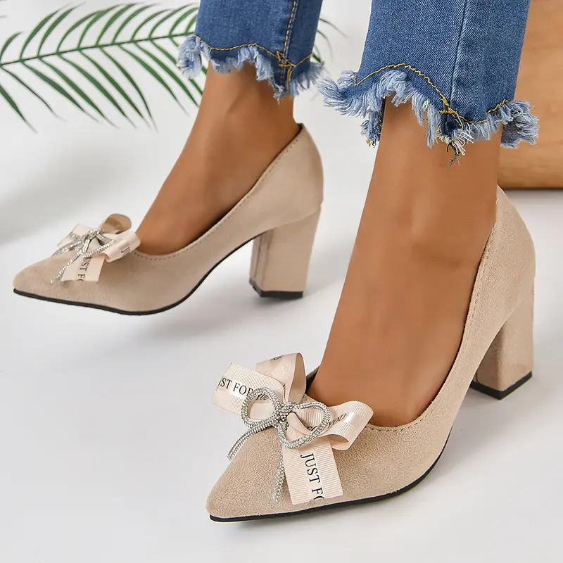 Aphixta Beige Crystal Bow With Letters 7cm Heels Pumps Women Students And Adults Pointed Toe Flock Suede Shoes Plus Size 30-50