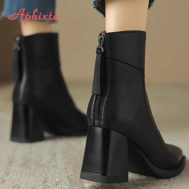 Aphixta Luxury Leather Women Ankle Boots Back Zipper Close Modern Boots High Heels Shoes Woman Boats botines para mujeres