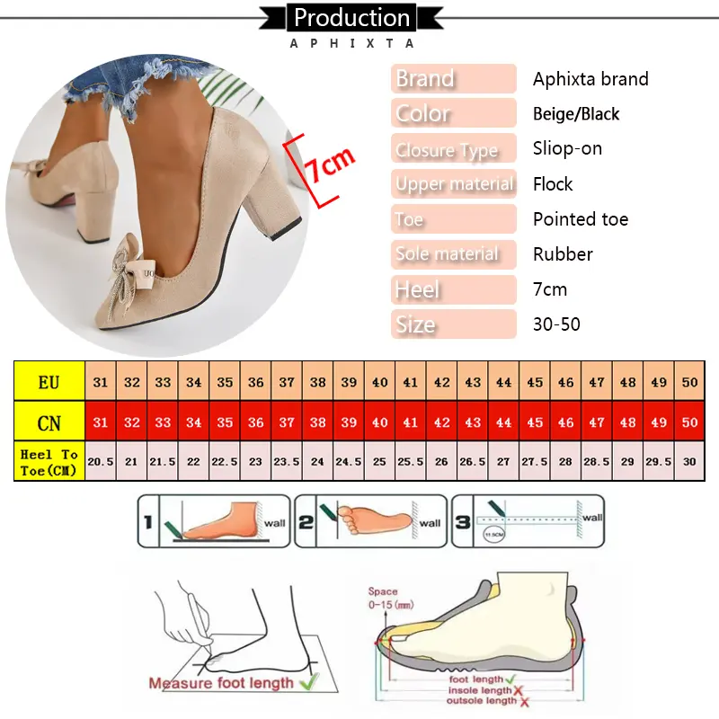 Aphixta Beige Crystal Bow With Letters 7cm Heels Pumps Women Students And Adults Pointed Toe Flock Suede Shoes Plus Size 30-50