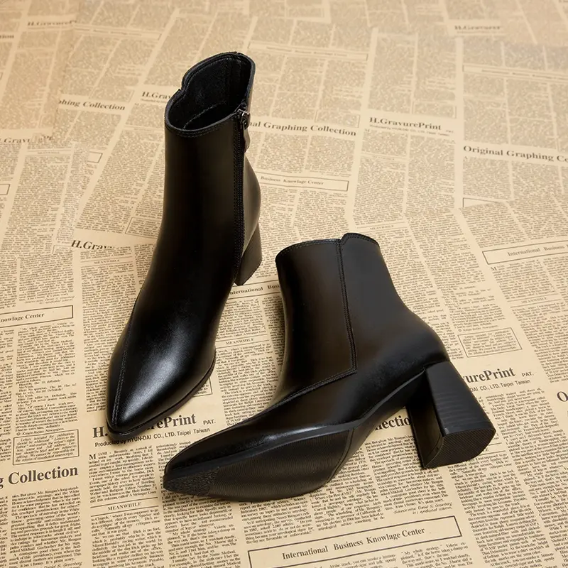 Aphixta 6.5cm High Heel Ankle Boots Patent Leather Women Winter Boots Pointed Toe Elegant Zip Concise Black Footwear Women Shoes