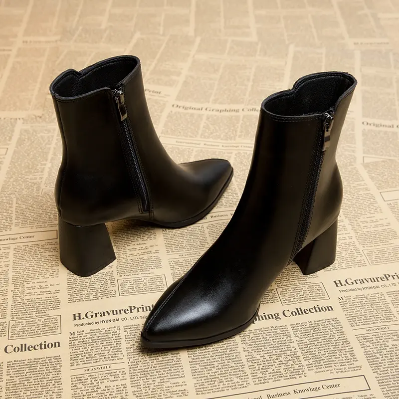 Aphixta 6.5cm High Heel Ankle Boots Patent Leather Women Winter Boots Pointed Toe Elegant Zip Concise Black Footwear Women Shoes