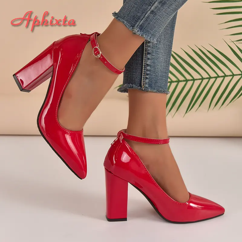 Aphixta 10cm 7cm Chunky Heels Women Pumps Pimp Buckle Ankle Strap Shoes Leisure Red Fashion Patent Leather Plus Size 35-50