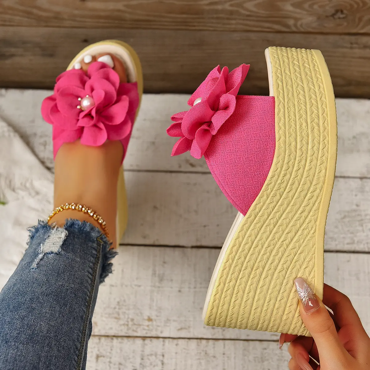 Aphixta Pearl Design Women Wedge Heels Slippers BabyPink Flower Sweet Mulers 4cm Platform Sandals Clog Shoe Slides Plus Size 43