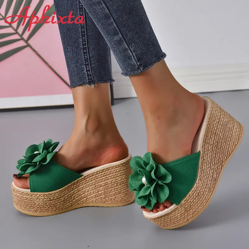 Aphixta Summer 9cm Wedge Heels Slippers Women Big Pearl Bead Flowers Cow Suede Bow Mulers 4cm Platform Sandals Clog Shoes Slides