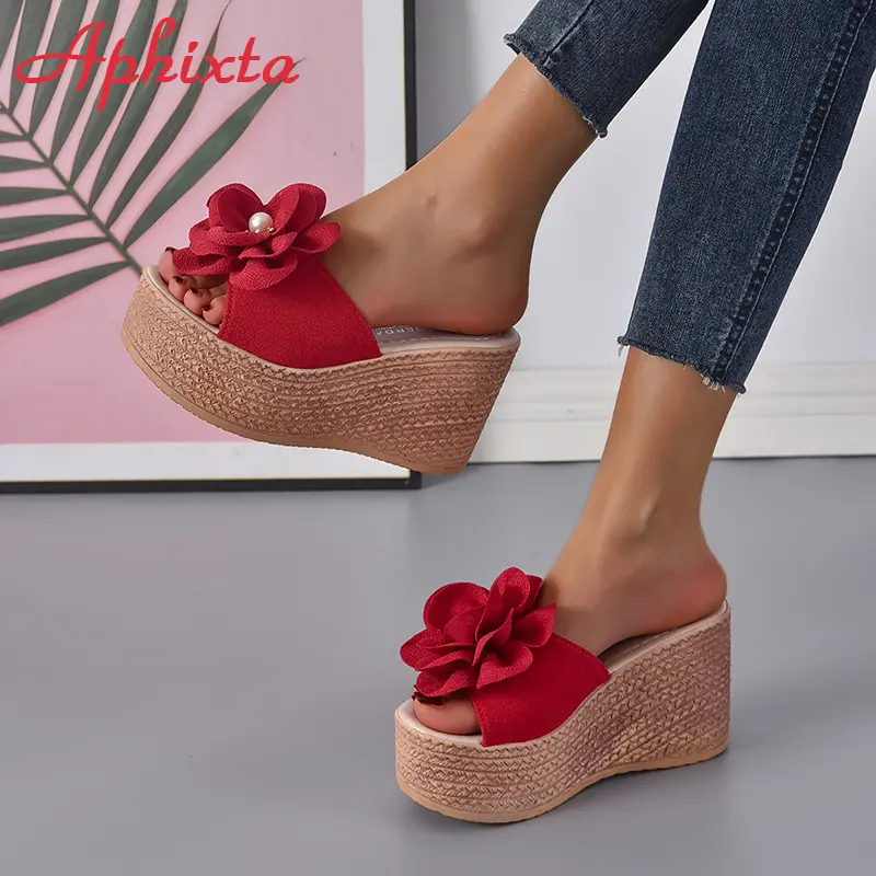 Aphixta Summer 9cm Wedge Heels Slippers Women Big Pearl Bead Flowers Cow Suede Bow Mulers 4cm Platform Sandals Clog Shoes Slides