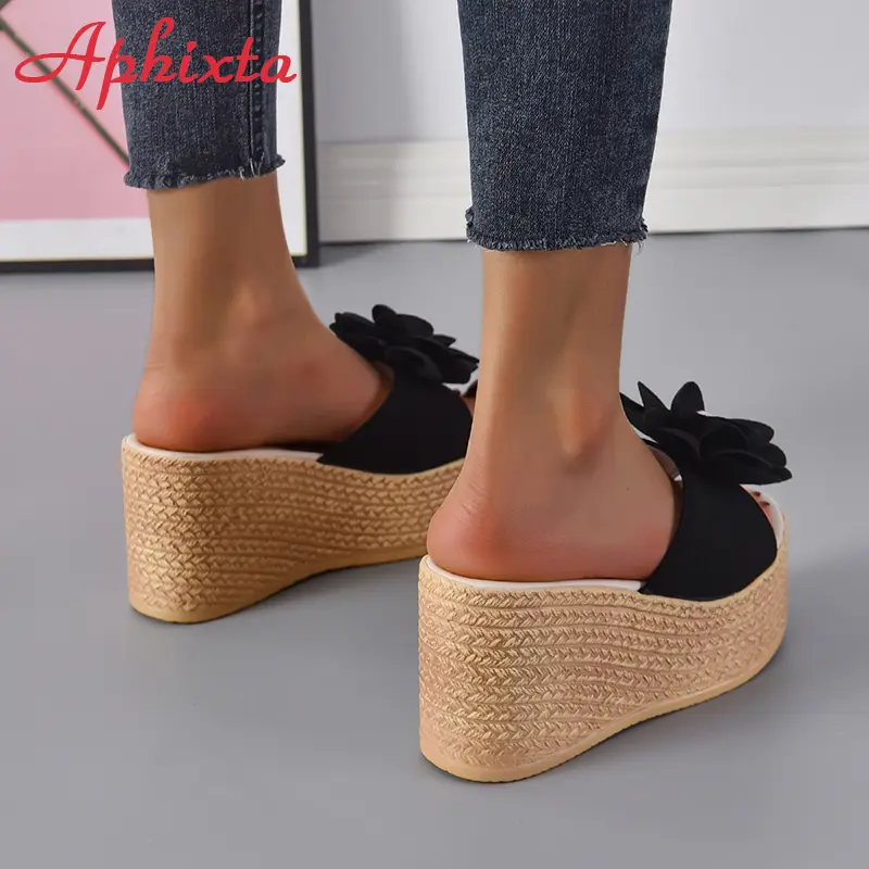 Aphixta Summer 9cm Wedge Heels Slippers Women Big Pearl Bead Flowers Cow Suede Bow Mulers 4cm Platform Sandals Clog Shoes Slides