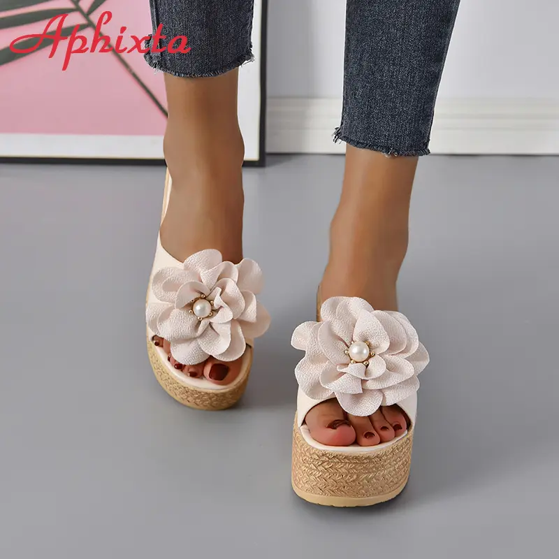 Aphixta Summer 9cm Wedge Heels Slippers Women Big Pearl Bead Flowers Cow Suede Bow Mulers 4cm Platform Sandals Clog Shoes Slides