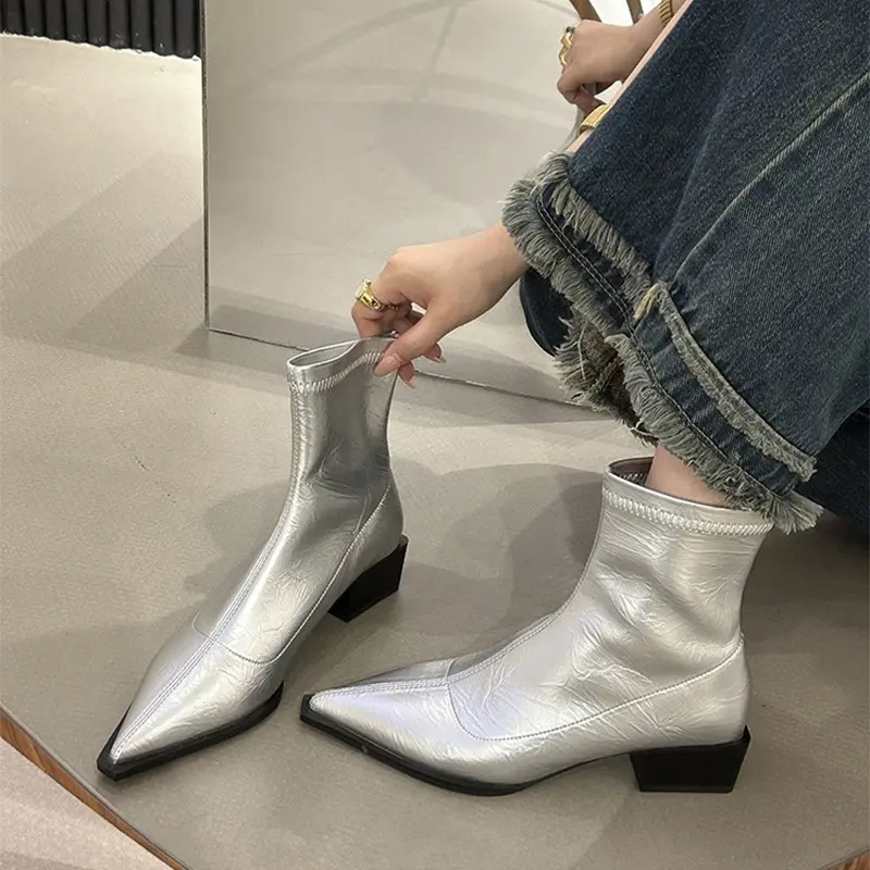 Aphixta Pointed Toe Sexy Woman Ankle Boots Med Heels Sewing Design Woman Short Boots Soft Leather Brown Boots Botas Mujer