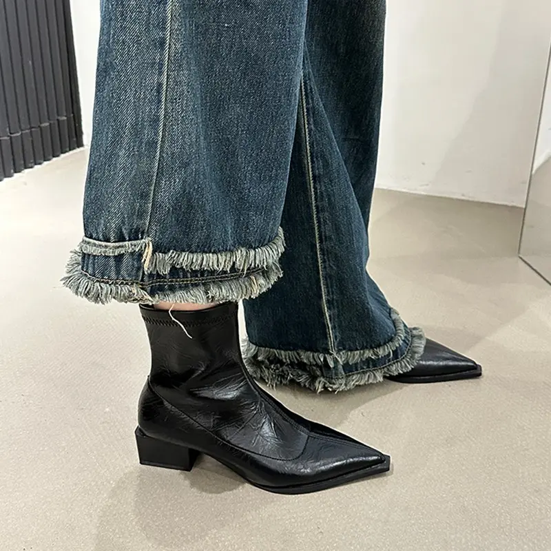 Aphixta Pointed Toe Sexy Woman Ankle Boots Med Heels Sewing Design Woman Short Boots Soft Leather Brown Boots Botas Mujer
