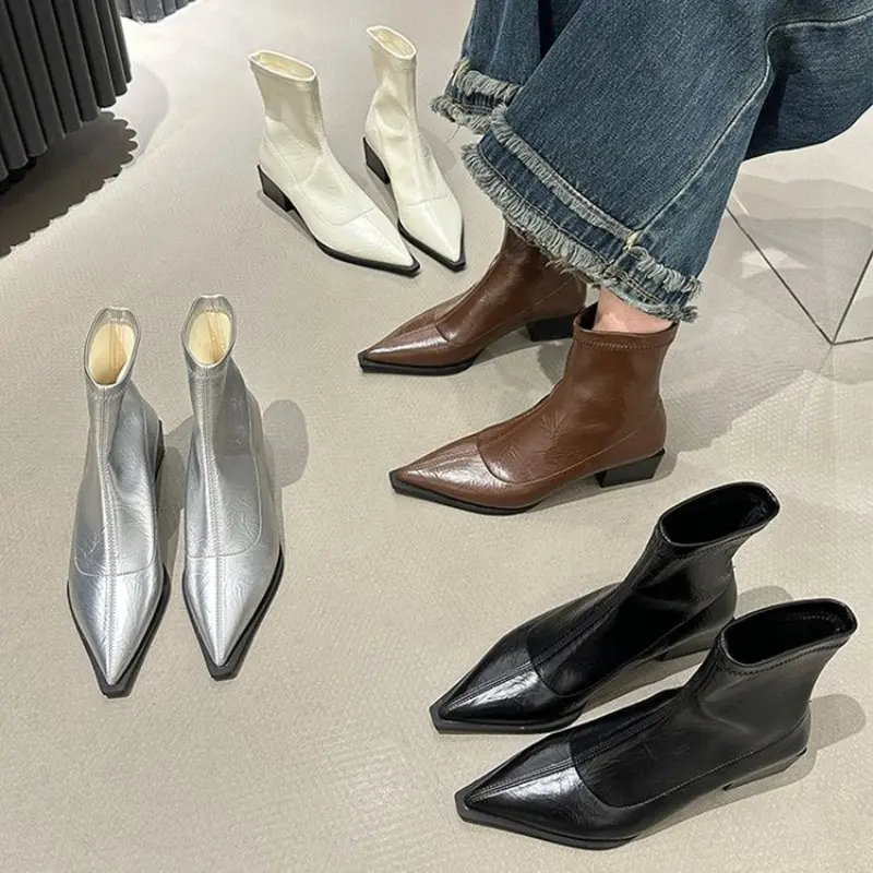 Aphixta Pointed Toe Sexy Woman Ankle Boots Med Heels Sewing Design Woman Short Boots Soft Leather Brown Boots Botas Mujer