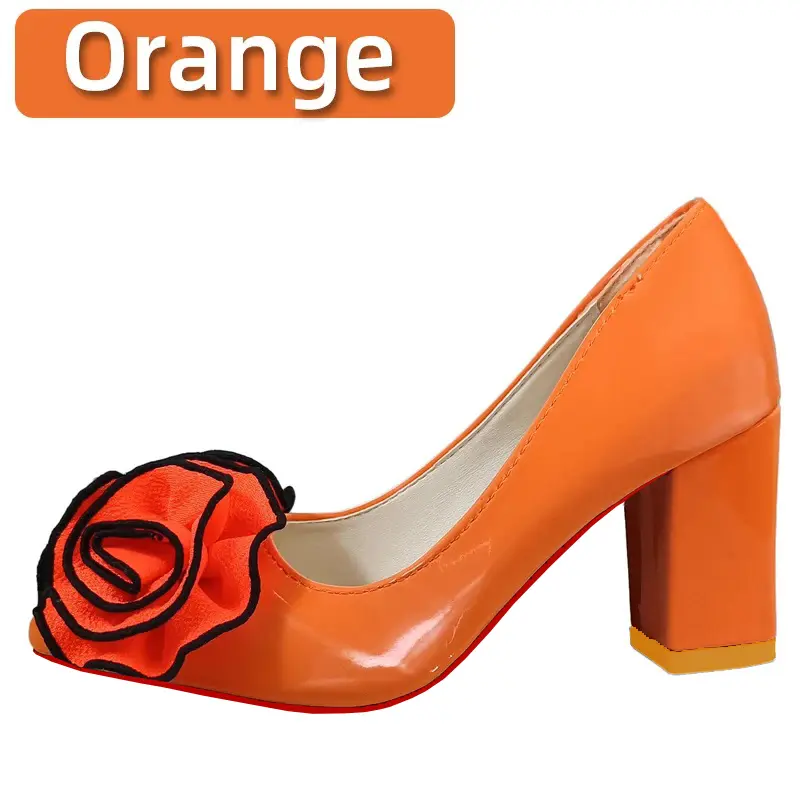 Aphixta Orange Big Rose Flowers 7cm Square Heels Pumps Women Shoes Students And Adults Pointed Toe Super Big Size 30-50