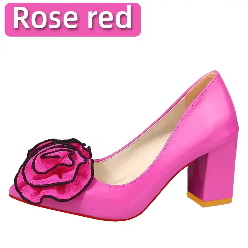 Aphixta Orange Big Rose Flowers 7cm Square Heels Pumps Women Shoes Students And Adults Pointed Toe Super Big Size 30-50