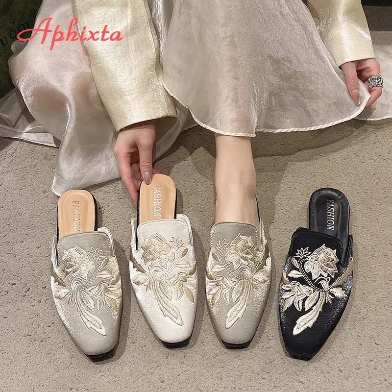 Aphixta Embroider Flower Women Flat With Mules Pointed Toe Summer Slides Fashion Slippers For Women Slip On 2025 Trend Shoes